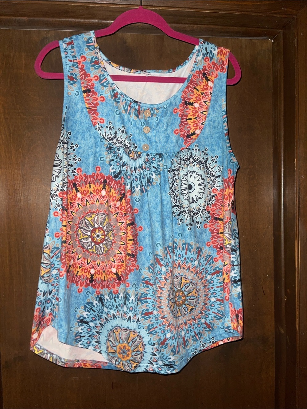 Source Unknown Blue Tank Top with Multicolor Medallion Print